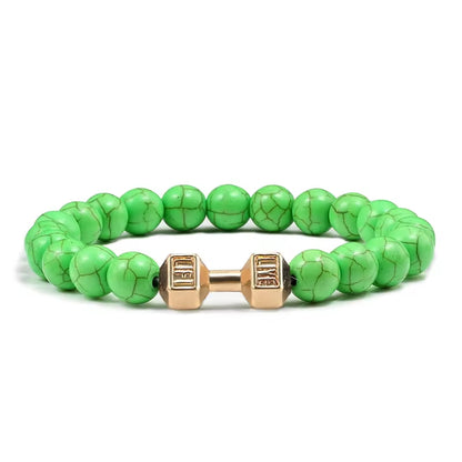 Pulseira De Pedra Vulcânica Natural Masculina, Preto Fosco, Contas Brancas, Pingente De Haltere, Pulseiras Femininas, Joias Fitness