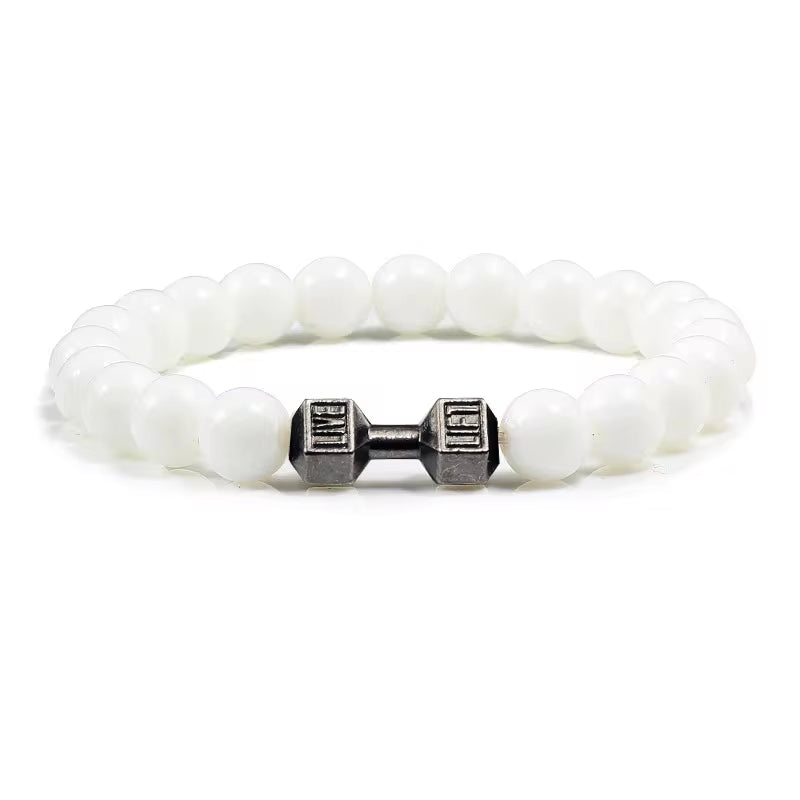 Pulseira De Pedra Vulcânica Natural Masculina, Preto Fosco, Contas Brancas, Pingente De Haltere, Pulseiras Femininas, Joias Fitness