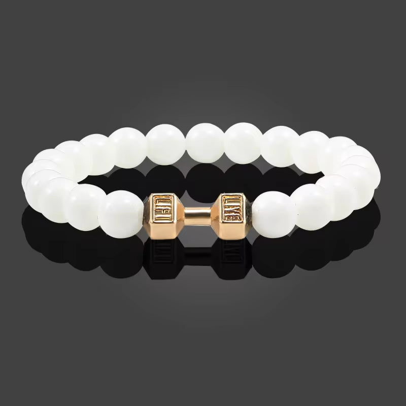 Pulseira De Pedra Vulcânica Natural Masculina, Preto Fosco, Contas Brancas, Pingente De Haltere, Pulseiras Femininas, Joias Fitness