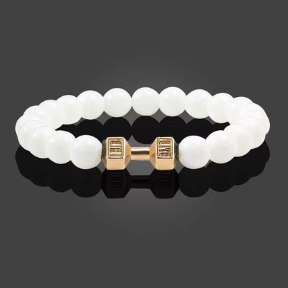Pulseira De Pedra Vulcânica Natural Masculina, Preto Fosco, Contas Brancas, Pingente De Haltere, Pulseiras Femininas, Joias Fitness