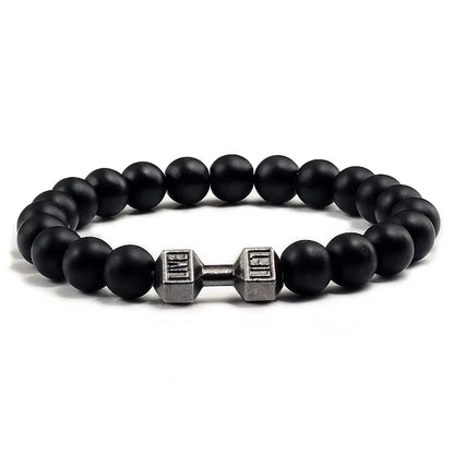 Pulseira De Pedra Vulcânica Natural Masculina, Preto Fosco, Contas Brancas, Pingente De Haltere, Pulseiras Femininas, Joias Fitness