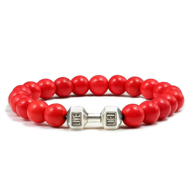 Pulseira De Pedra Vulcânica Natural Masculina, Preto Fosco, Contas Brancas, Pingente De Haltere, Pulseiras Femininas, Joias Fitness