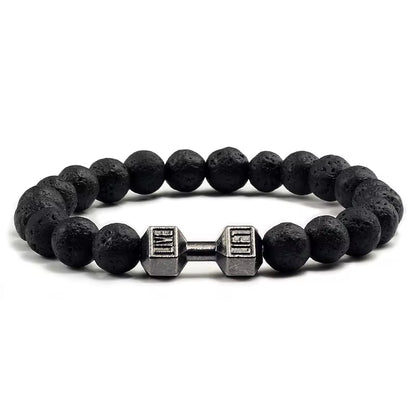 Pulseira De Pedra Vulcânica Natural Masculina, Preto Fosco, Contas Brancas, Pingente De Haltere, Pulseiras Femininas, Joias Fitness