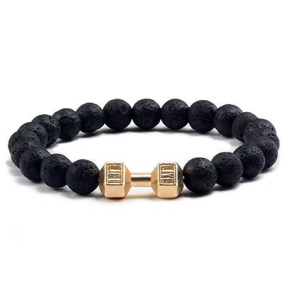 Pulseira De Pedra Vulcânica Natural Masculina, Preto Fosco, Contas Brancas, Pingente De Haltere, Pulseiras Femininas, Joias Fitness