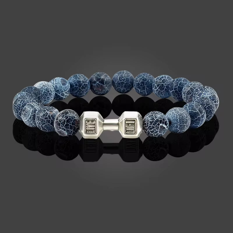 Pulseira De Pedra Vulcânica Natural Masculina, Preto Fosco, Contas Brancas, Pingente De Haltere, Pulseiras Femininas, Joias Fitness