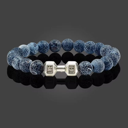 Pulseira De Pedra Vulcânica Natural Masculina, Preto Fosco, Contas Brancas, Pingente De Haltere, Pulseiras Femininas, Joias Fitness