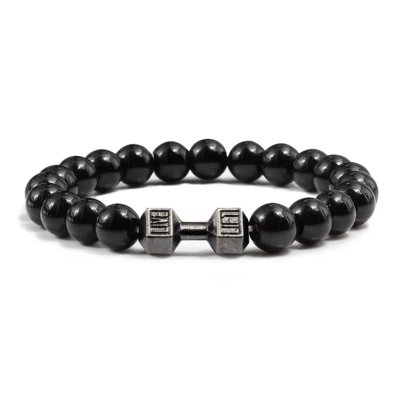 Pulseira De Pedra Vulcânica Natural Masculina, Preto Fosco, Contas Brancas, Pingente De Haltere, Pulseiras Femininas, Joias Fitness