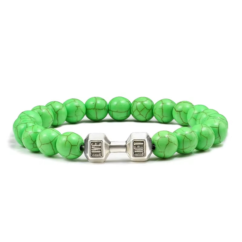 Pulseira De Pedra Vulcânica Natural Masculina, Preto Fosco, Contas Brancas, Pingente De Haltere, Pulseiras Femininas, Joias Fitness