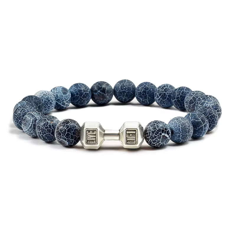 Pulseira De Pedra Vulcânica Natural Masculina, Preto Fosco, Contas Brancas, Pingente De Haltere, Pulseiras Femininas, Joias Fitness