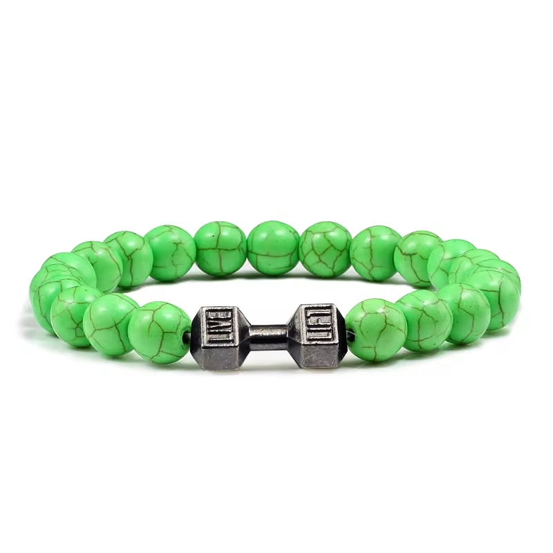 Pulseira De Pedra Vulcânica Natural Masculina, Preto Fosco, Contas Brancas, Pingente De Haltere, Pulseiras Femininas, Joias Fitness