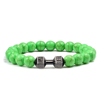 Pulseira De Pedra Vulcânica Natural Masculina, Preto Fosco, Contas Brancas, Pingente De Haltere, Pulseiras Femininas, Joias Fitness