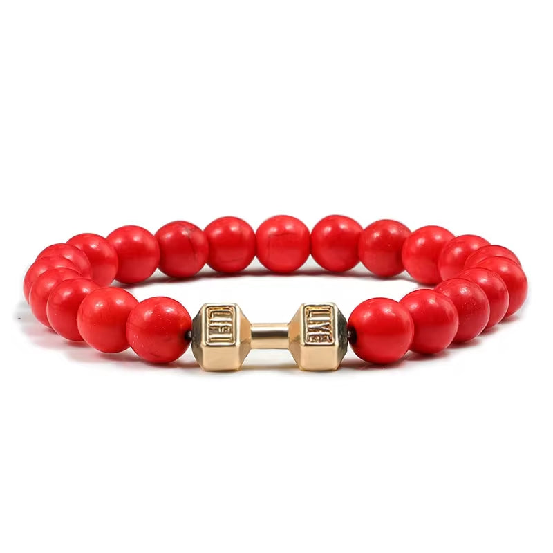 Pulseira De Pedra Vulcânica Natural Masculina, Preto Fosco, Contas Brancas, Pingente De Haltere, Pulseiras Femininas, Joias Fitness