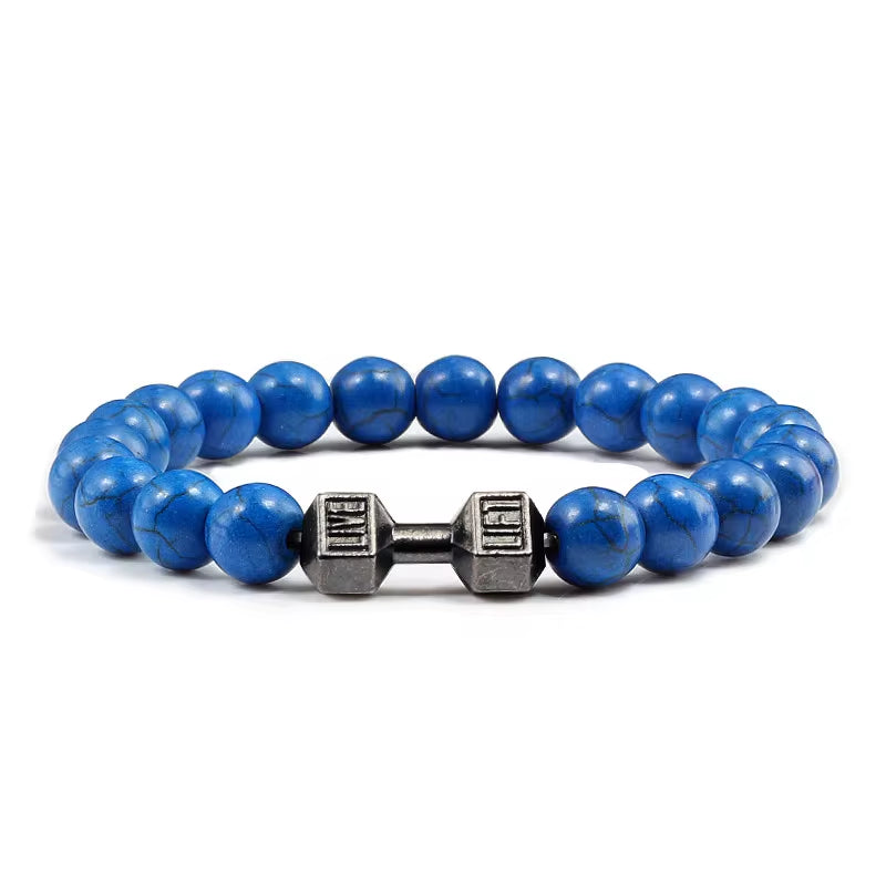 Pulseira De Pedra Vulcânica Natural Masculina, Preto Fosco, Contas Brancas, Pingente De Haltere, Pulseiras Femininas, Joias Fitness