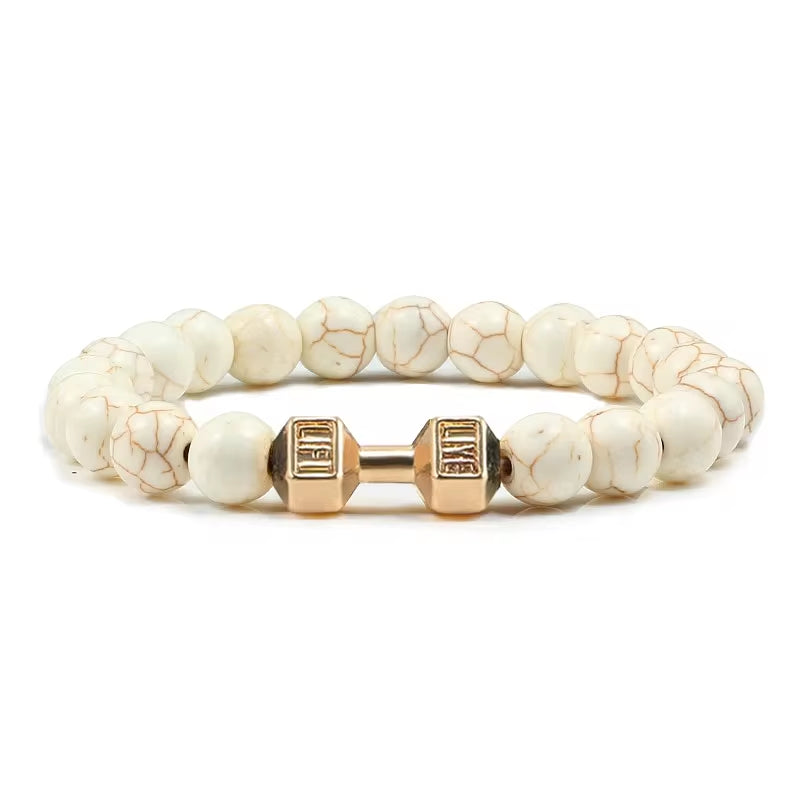 Pulseira De Pedra Vulcânica Natural Masculina, Preto Fosco, Contas Brancas, Pingente De Haltere, Pulseiras Femininas, Joias Fitness