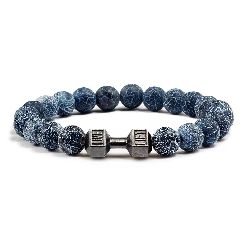 Pulseira De Pedra Vulcânica Natural Masculina, Preto Fosco, Contas Brancas, Pingente De Haltere, Pulseiras Femininas, Joias Fitness