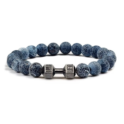 Pulseira De Pedra Vulcânica Natural Masculina, Preto Fosco, Contas Brancas, Pingente De Haltere, Pulseiras Femininas, Joias Fitness