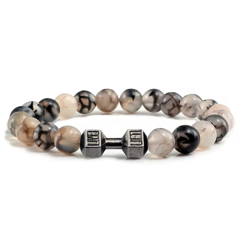 Pulseira De Pedra Vulcânica Natural Masculina, Preto Fosco, Contas Brancas, Pingente De Haltere, Pulseiras Femininas, Joias Fitness