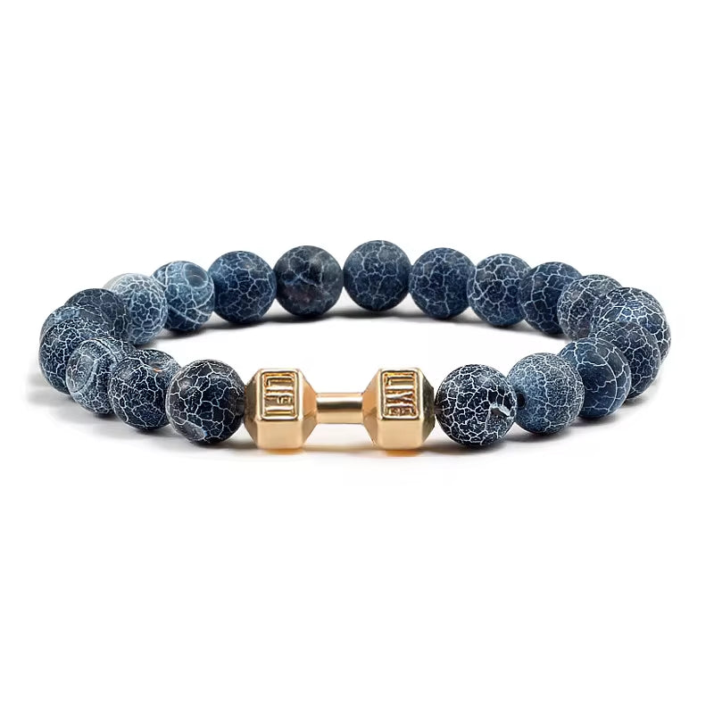 Pulseira De Pedra Vulcânica Natural Masculina, Preto Fosco, Contas Brancas, Pingente De Haltere, Pulseiras Femininas, Joias Fitness