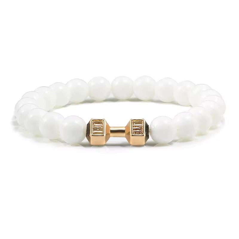 Pulseira De Pedra Vulcânica Natural Masculina, Preto Fosco, Contas Brancas, Pingente De Haltere, Pulseiras Femininas, Joias Fitness
