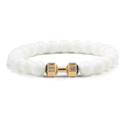 Pulseira De Pedra Vulcânica Natural Masculina, Preto Fosco, Contas Brancas, Pingente De Haltere, Pulseiras Femininas, Joias Fitness