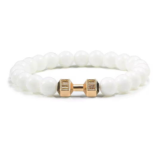 Pulseira De Pedra Vulcânica Natural Masculina, Preto Fosco, Contas Brancas, Pingente De Haltere, Pulseiras Femininas, Joias Fitness