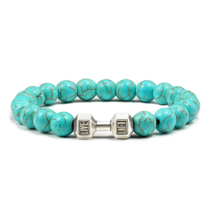 Pulseira De Pedra Vulcânica Natural Masculina, Preto Fosco, Contas Brancas, Pingente De Haltere, Pulseiras Femininas, Joias Fitness