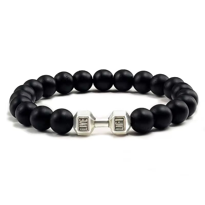 Pulseira De Pedra Vulcânica Natural Masculina, Preto Fosco, Contas Brancas, Pingente De Haltere, Pulseiras Femininas, Joias Fitness