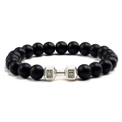 Pulseira De Pedra Vulcânica Natural Masculina, Preto Fosco, Contas Brancas, Pingente De Haltere, Pulseiras Femininas, Joias Fitness
