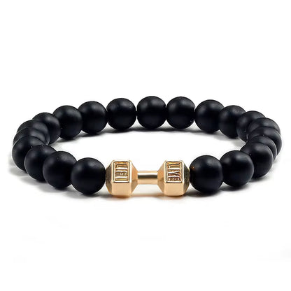 Pulseira De Pedra Vulcânica Natural Masculina, Preto Fosco, Contas Brancas, Pingente De Haltere, Pulseiras Femininas, Joias Fitness