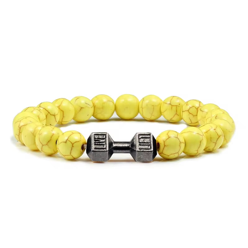 Pulseira De Pedra Vulcânica Natural Masculina, Preto Fosco, Contas Brancas, Pingente De Haltere, Pulseiras Femininas, Joias Fitness