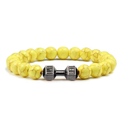 Pulseira De Pedra Vulcânica Natural Masculina, Preto Fosco, Contas Brancas, Pingente De Haltere, Pulseiras Femininas, Joias Fitness