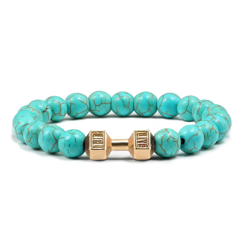 Pulseira De Pedra Vulcânica Natural Masculina, Preto Fosco, Contas Brancas, Pingente De Haltere, Pulseiras Femininas, Joias Fitness
