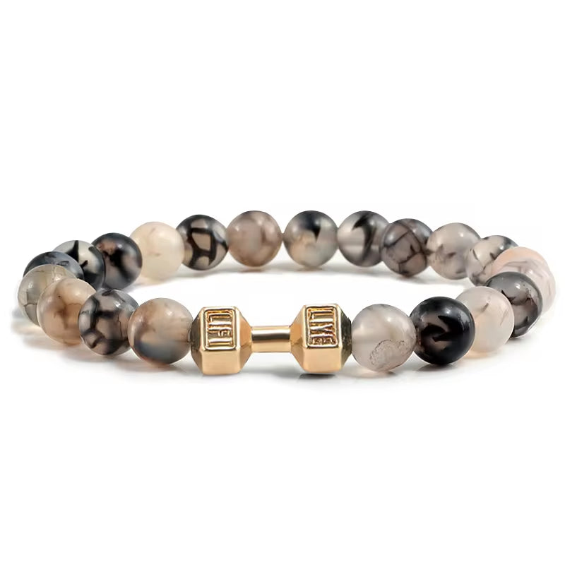 Pulseira De Pedra Vulcânica Natural Masculina, Preto Fosco, Contas Brancas, Pingente De Haltere, Pulseiras Femininas, Joias Fitness