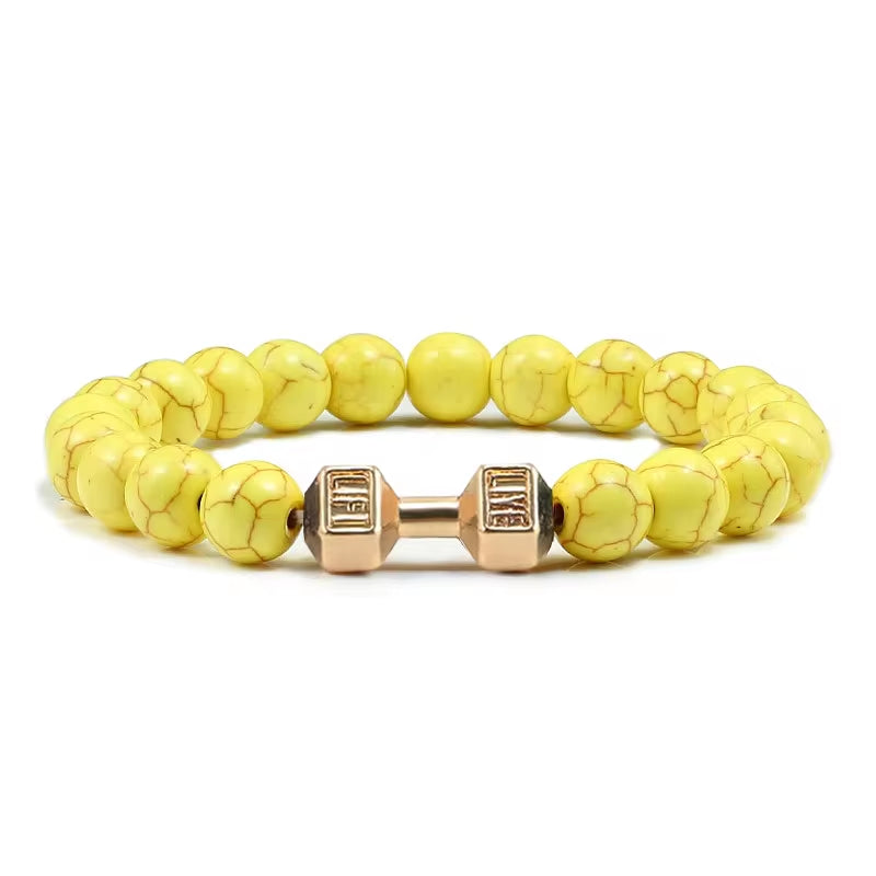 Pulseira De Pedra Vulcânica Natural Masculina, Preto Fosco, Contas Brancas, Pingente De Haltere, Pulseiras Femininas, Joias Fitness