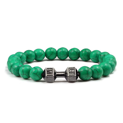 Pulseira De Pedra Vulcânica Natural Masculina, Preto Fosco, Contas Brancas, Pingente De Haltere, Pulseiras Femininas, Joias Fitness