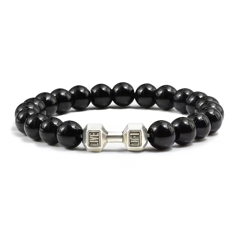 Pulseira De Pedra Vulcânica Natural Masculina, Preto Fosco, Contas Brancas, Pingente De Haltere, Pulseiras Femininas, Joias Fitness