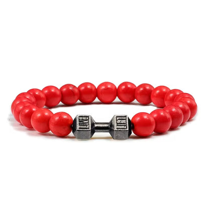 Pulseira De Pedra Vulcânica Natural Masculina, Preto Fosco, Contas Brancas, Pingente De Haltere, Pulseiras Femininas, Joias Fitness