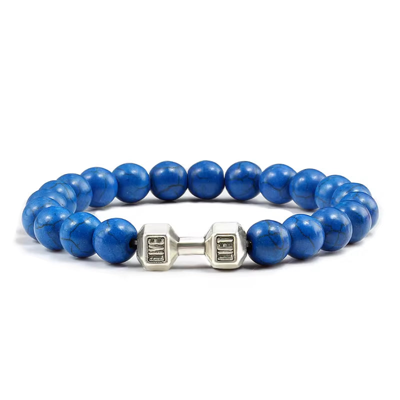 Pulseira De Pedra Vulcânica Natural Masculina, Preto Fosco, Contas Brancas, Pingente De Haltere, Pulseiras Femininas, Joias Fitness