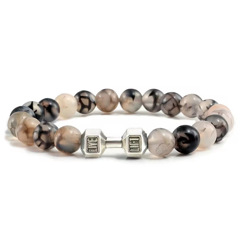 Pulseira De Pedra Vulcânica Natural Masculina, Preto Fosco, Contas Brancas, Pingente De Haltere, Pulseiras Femininas, Joias Fitness