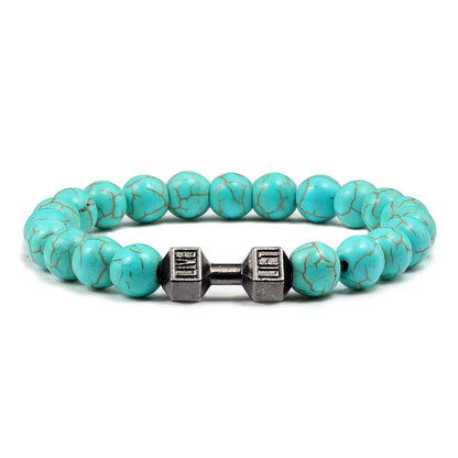 Pulseira De Pedra Vulcânica Natural Masculina, Preto Fosco, Contas Brancas, Pingente De Haltere, Pulseiras Femininas, Joias Fitness