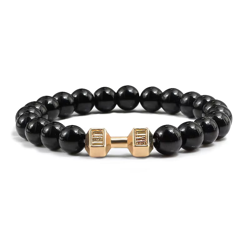 Pulseira De Pedra Vulcânica Natural Masculina, Preto Fosco, Contas Brancas, Pingente De Haltere, Pulseiras Femininas, Joias Fitness