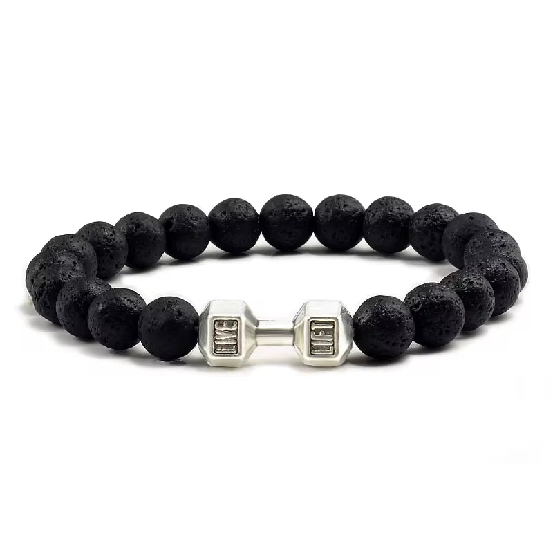 Pulseira De Pedra Vulcânica Natural Masculina, Preto Fosco, Contas Brancas, Pingente De Haltere, Pulseiras Femininas, Joias Fitness