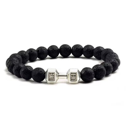 Pulseira De Pedra Vulcânica Natural Masculina, Preto Fosco, Contas Brancas, Pingente De Haltere, Pulseiras Femininas, Joias Fitness