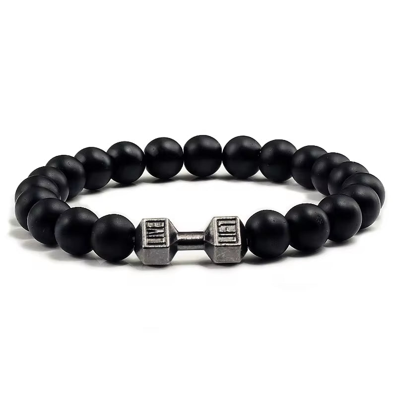 Pulseira De Pedra Vulcânica Natural Masculina, Preto Fosco, Contas Brancas, Pingente De Haltere, Pulseiras Femininas, Joias Fitness