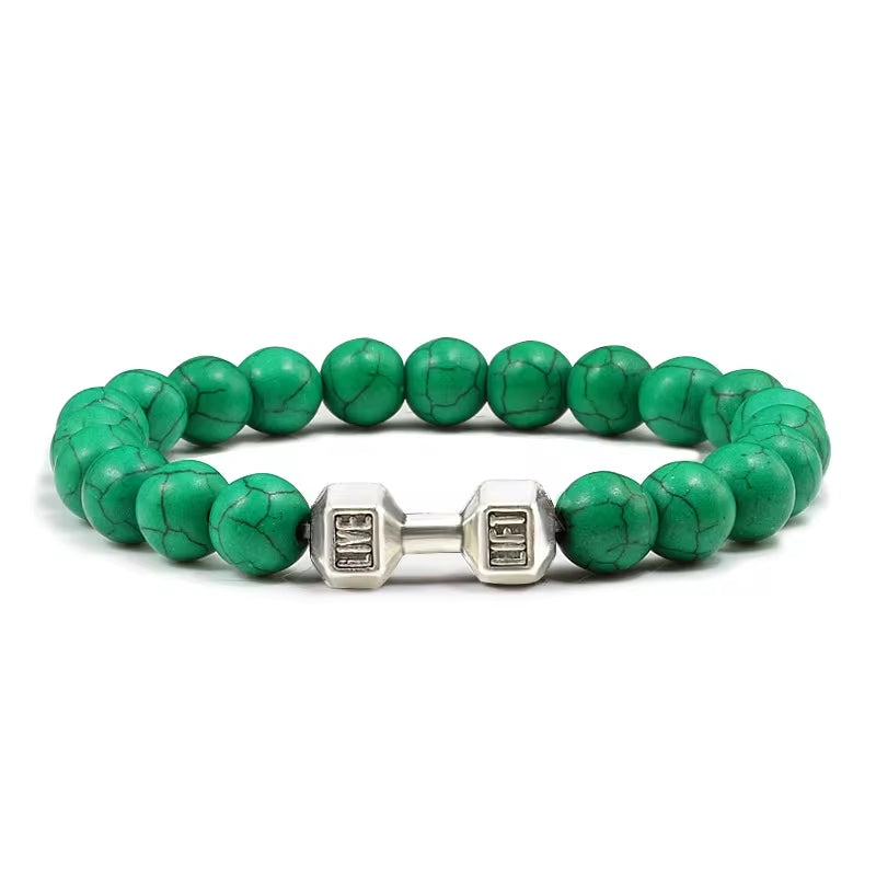 Pulseira De Pedra Vulcânica Natural Masculina, Preto Fosco, Contas Brancas, Pingente De Haltere, Pulseiras Femininas, Joias Fitness