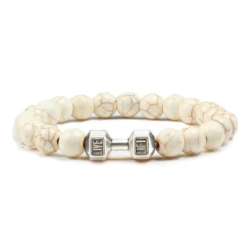 Pulseira De Pedra Vulcânica Natural Masculina, Preto Fosco, Contas Brancas, Pingente De Haltere, Pulseiras Femininas, Joias Fitness