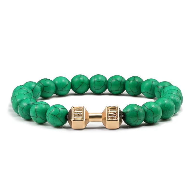Pulseira De Pedra Vulcânica Natural Masculina, Preto Fosco, Contas Brancas, Pingente De Haltere, Pulseiras Femininas, Joias Fitness