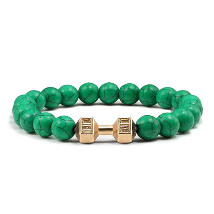 Pulseira De Pedra Vulcânica Natural Masculina, Preto Fosco, Contas Brancas, Pingente De Haltere, Pulseiras Femininas, Joias Fitness