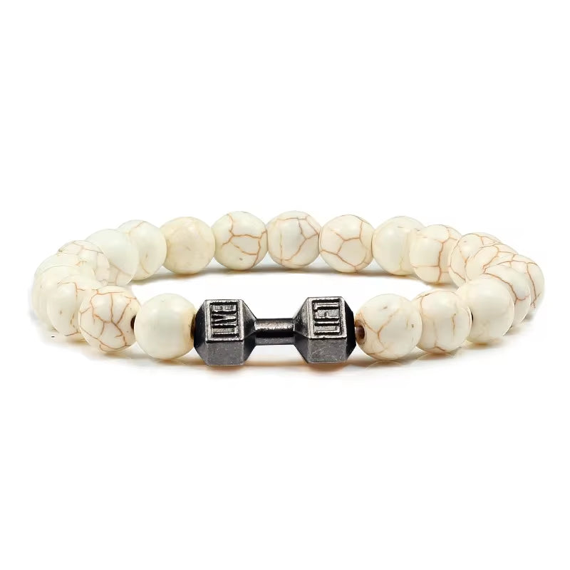 Pulseira De Pedra Vulcânica Natural Masculina, Preto Fosco, Contas Brancas, Pingente De Haltere, Pulseiras Femininas, Joias Fitness