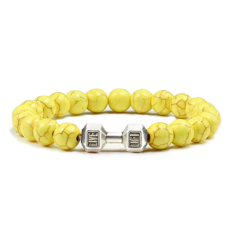 Pulseira De Pedra Vulcânica Natural Masculina, Preto Fosco, Contas Brancas, Pingente De Haltere, Pulseiras Femininas, Joias Fitness